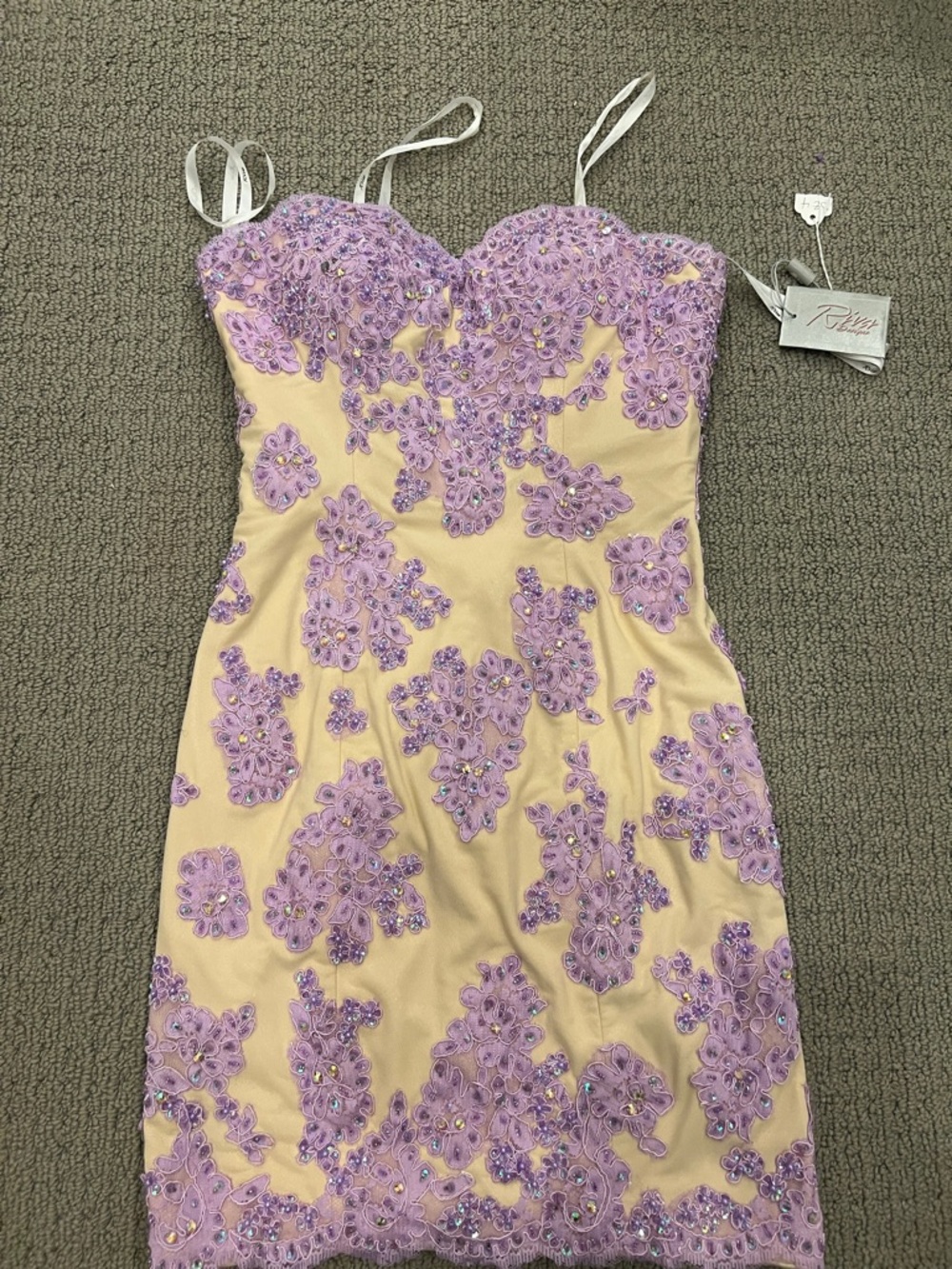 Riva Designs Lilac Appliqué Over Champagne Prom Dress